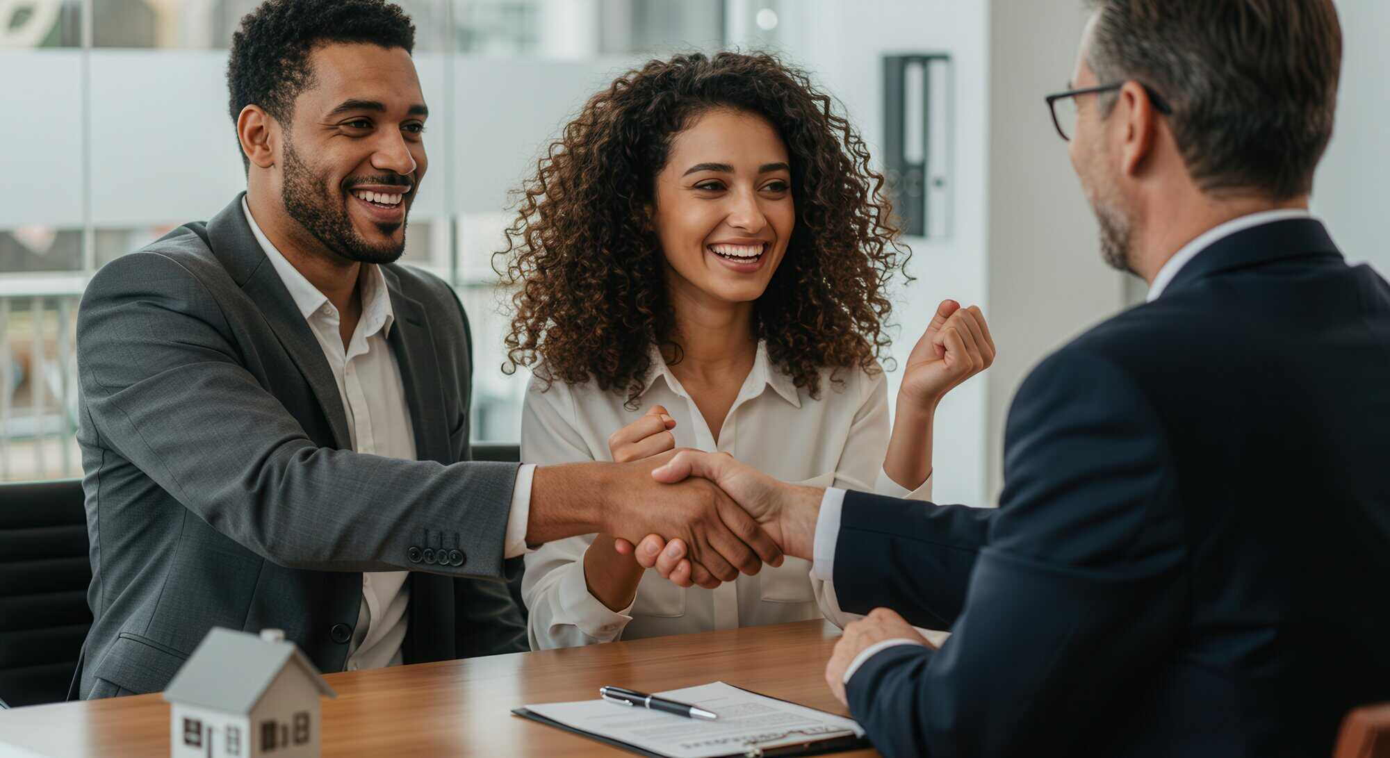 Business professionals shaking hands during a mortgage consultation or loan approval meeting at GMFS Partners.