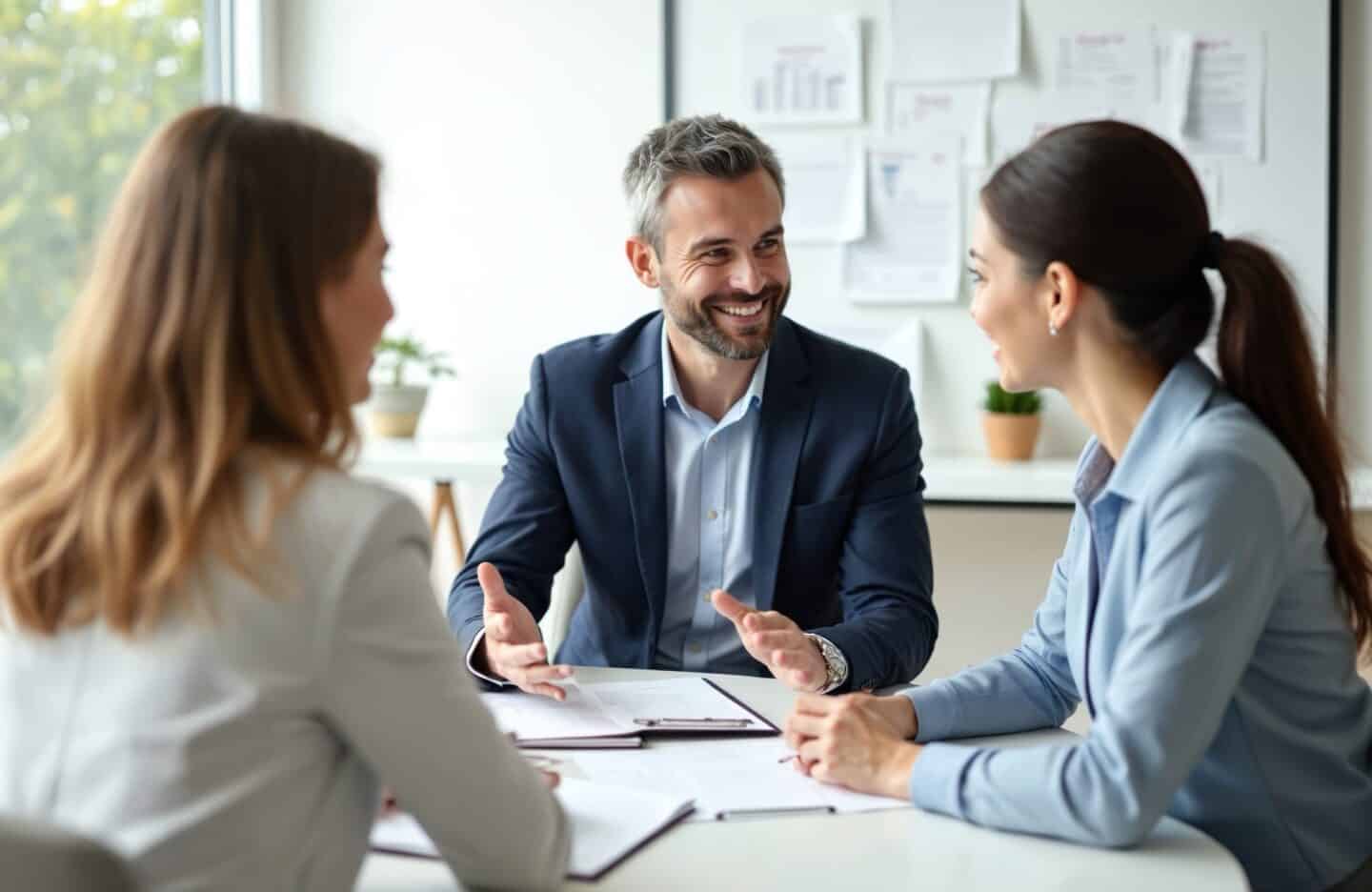 Smiling business team during meeting in modern office, discussing strategies and solutions, emphasizing teamwork and professional collaboration.
