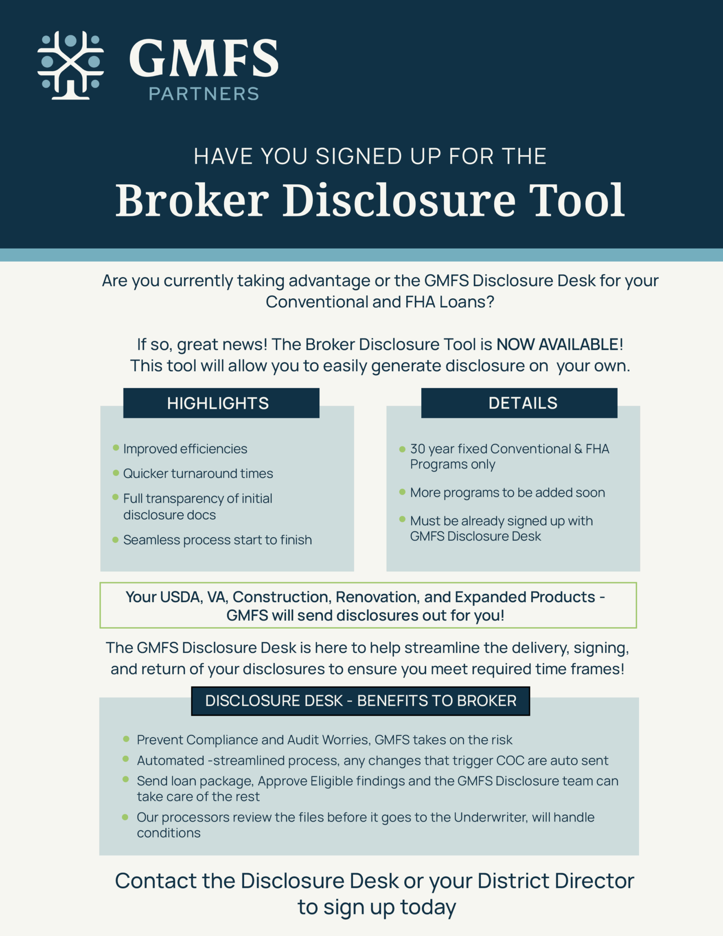 Broker Disclosure Tool for GMFS Partners, streamlining FHA and Conventional loan disclosures with improved efficiency and transparency.