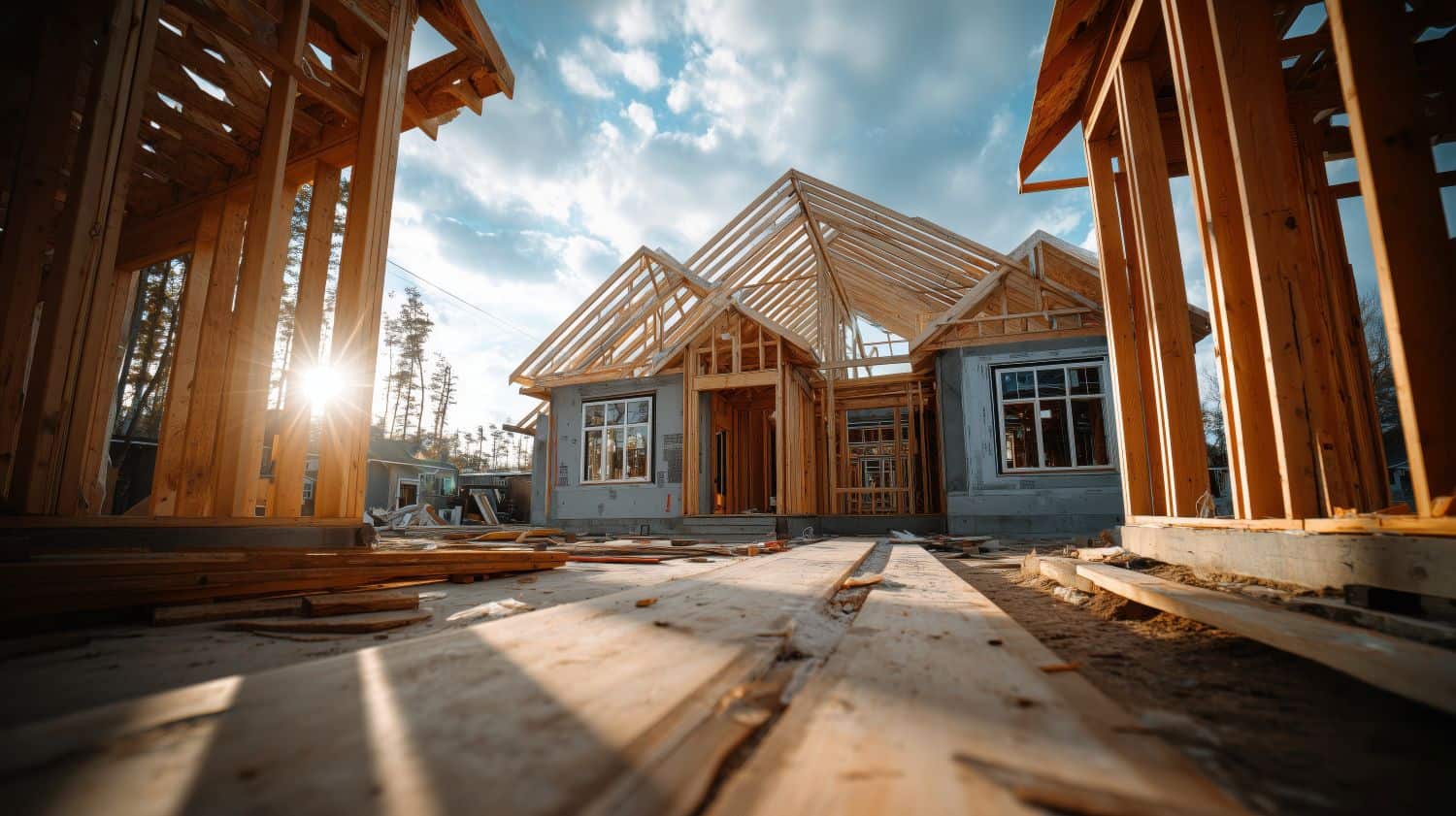 New residential construction site showing wooden framing and partially built house with sunlight shining through, emphasizing construction progress and craftsmanship.