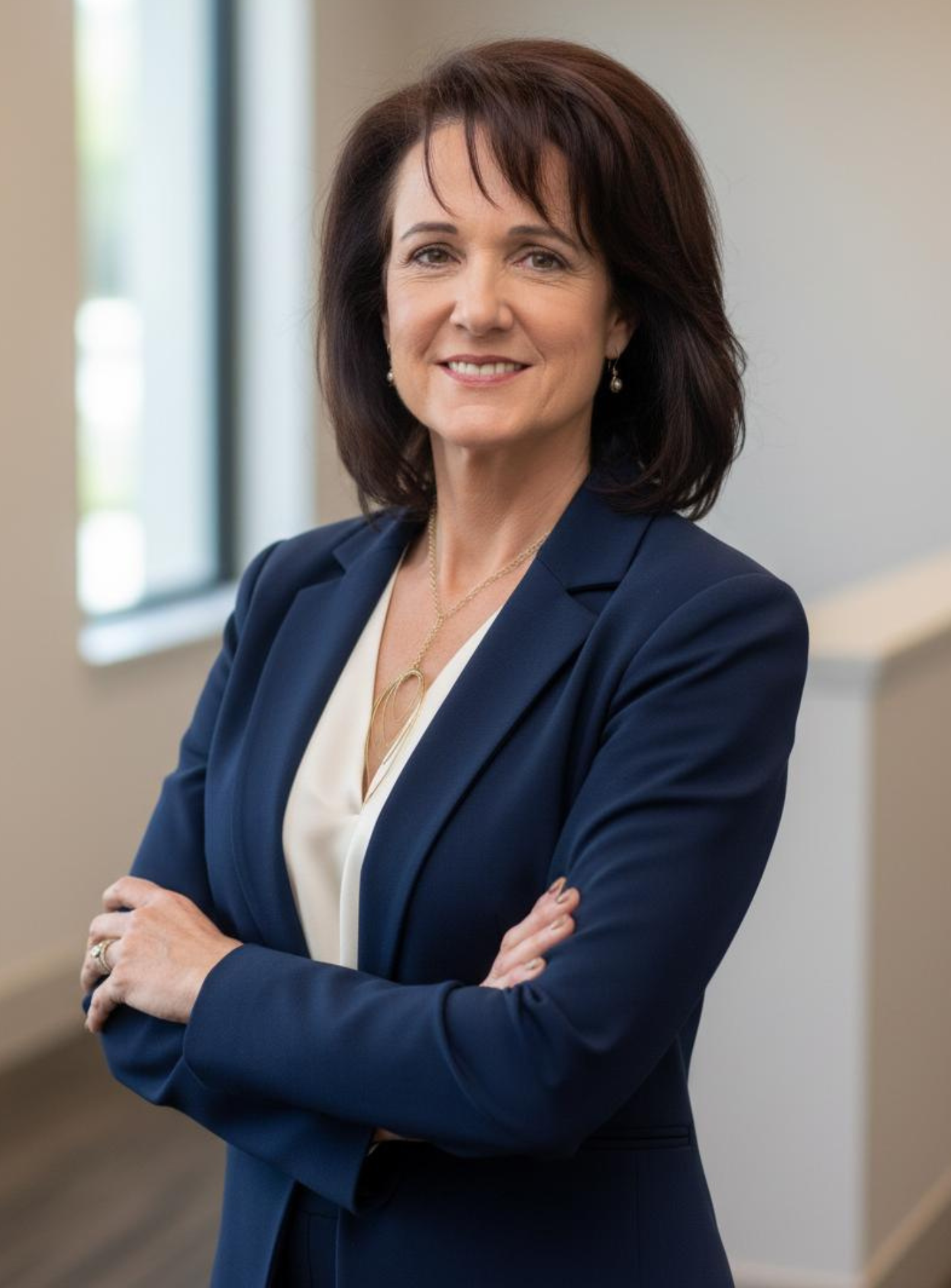 Businesswoman in navy blazer with crossed arms, standing in modern office environment.