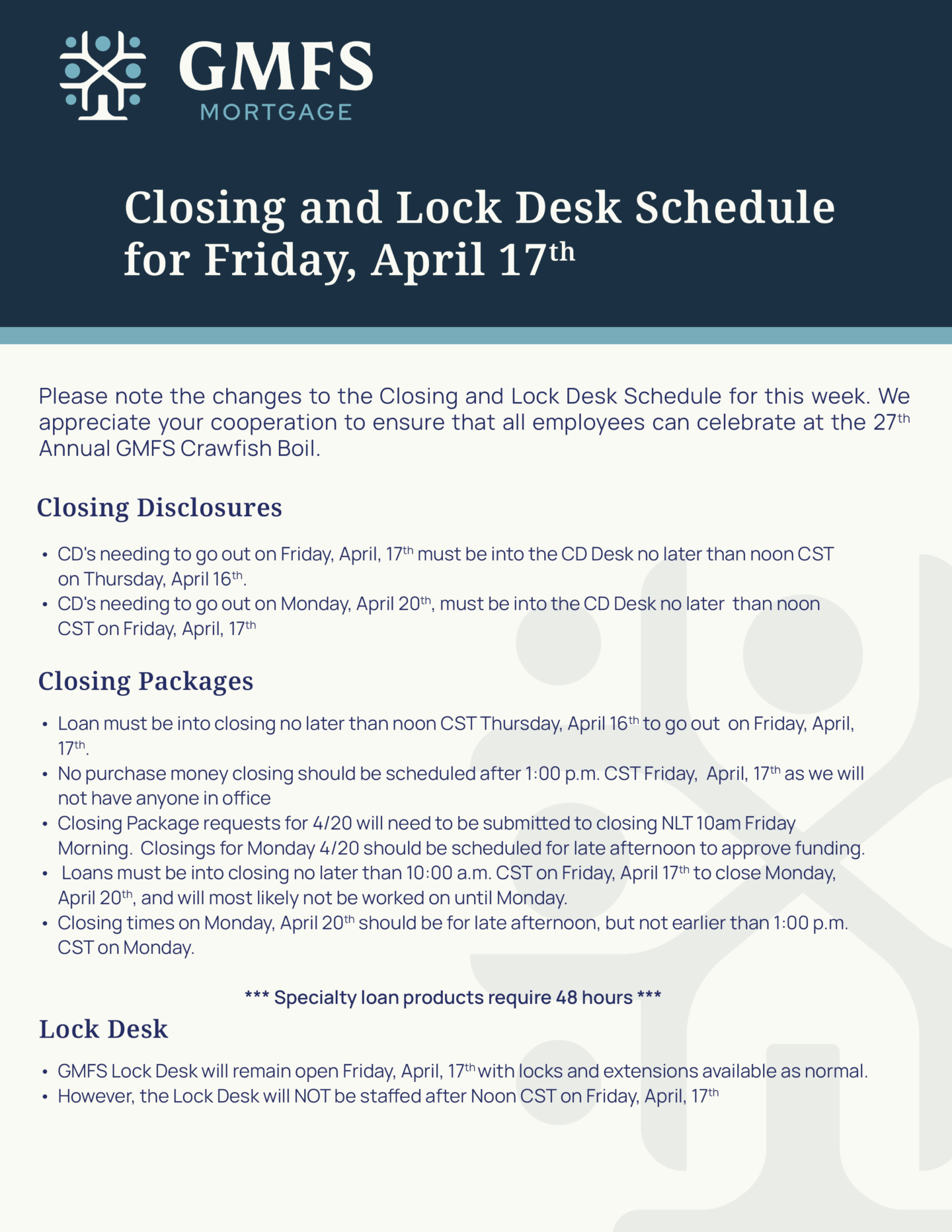 GMFS Mortgage Lock Desk schedule for April 17th with extension details and operational hours.
