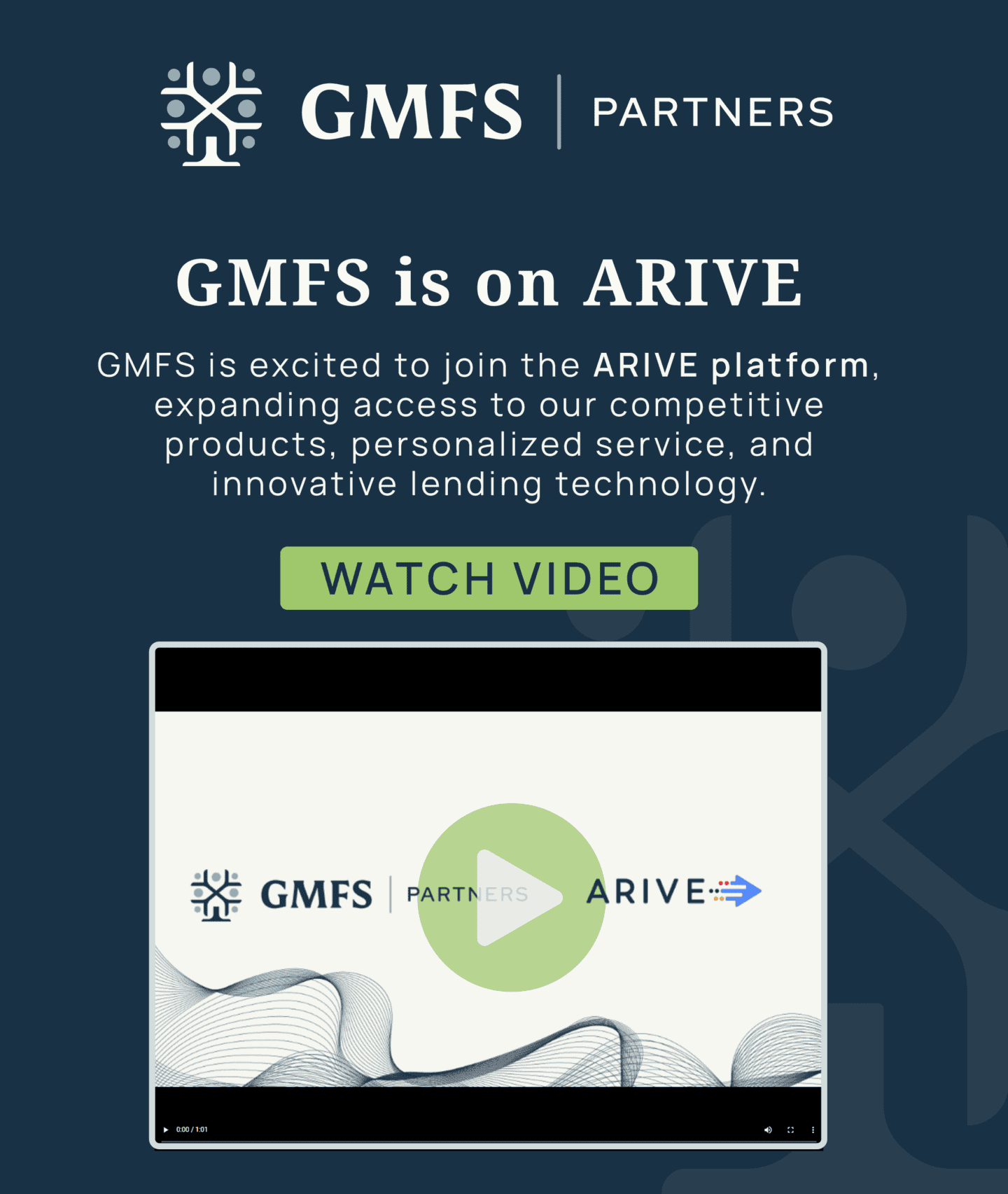 A comprehensive digital platform announcement image for GMFS Partners, highlighting the company's launch of the ARIVE platform, featuring a "Watch Video" call-to-action button, and emphasizing innovat.