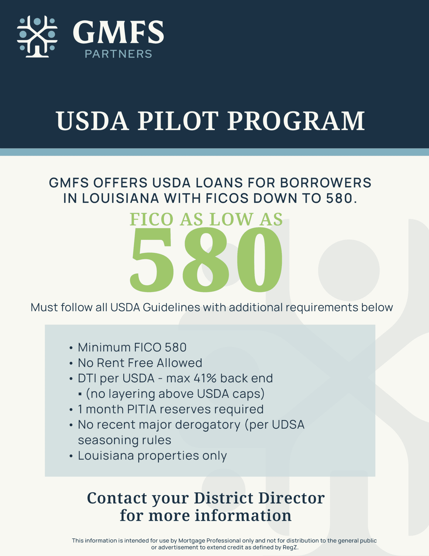 GMFS Partners USDA Pilot Program offering low-interest loans up to $580,000 for Louisiana borrowers with FICO scores as low as 580, no rent fee, and USDA guidelines compliance.